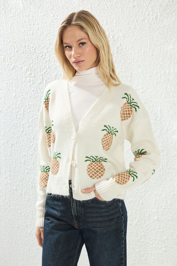 Trendyol Trendyol Ecru*001 Soft Textured Pineapple Patterned V Neck Knitwear Cardigan
