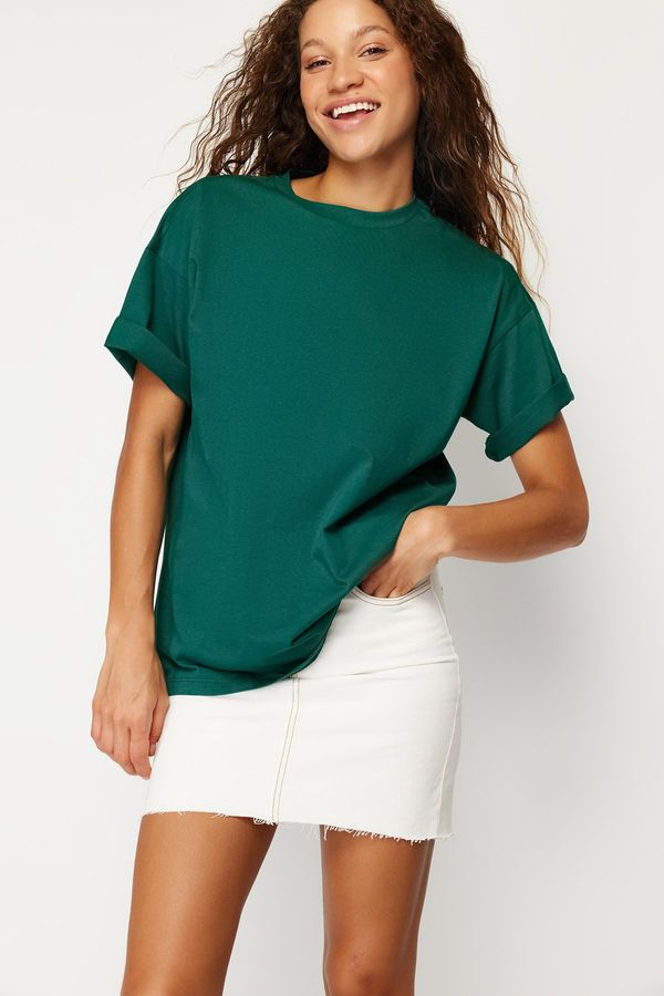 Trendyol Trendyol Emerald Green 100 Cotton Crew Neck Boyfriend/Wide Fit Knitted T-Shirt