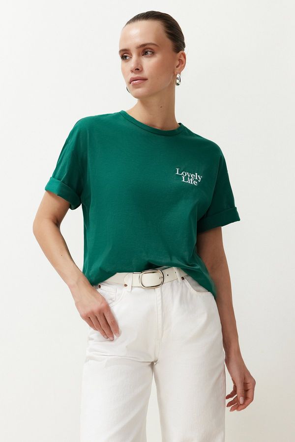 Trendyol Trendyol Emerald Green 100% Cotton Slogan Printed Relaxed/Comfortable Fit Pocket Detail Knitted T-Shirt