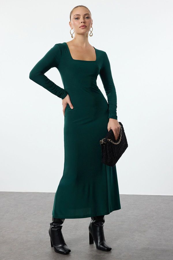 Trendyol Trendyol Emerald Green Animal Maxi Flounce Square Neck Fitted Maxi Stretch Knitted Dress