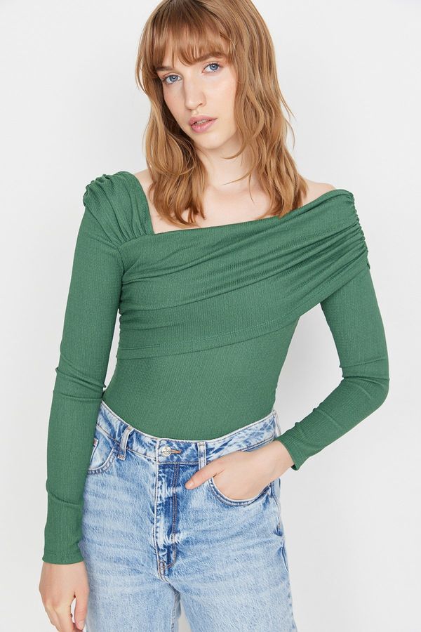 Trendyol Trendyol Emerald Green Asymmetric Collar Draped Fitted/Situated Crepe Knitted Bodysuit