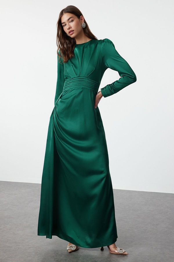 Trendyol Trendyol Emerald Green Belt Detailed Satin Woven Evening Dress