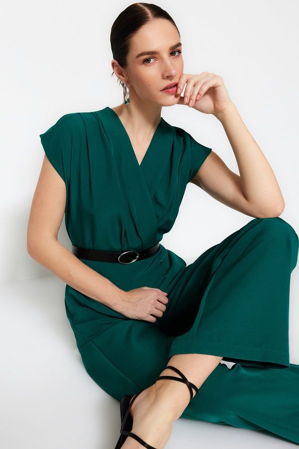 Trendyol Trendyol Emerald Green Belted Double Breasted Collar Wide Leg Woven Jumpsuit