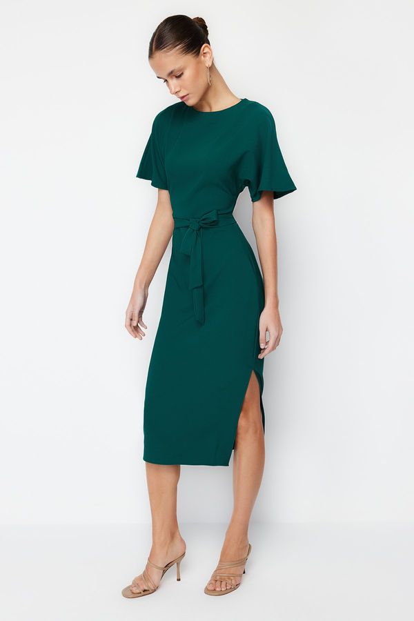 Trendyol Trendyol Emerald Green Belted Woven Midi Dress