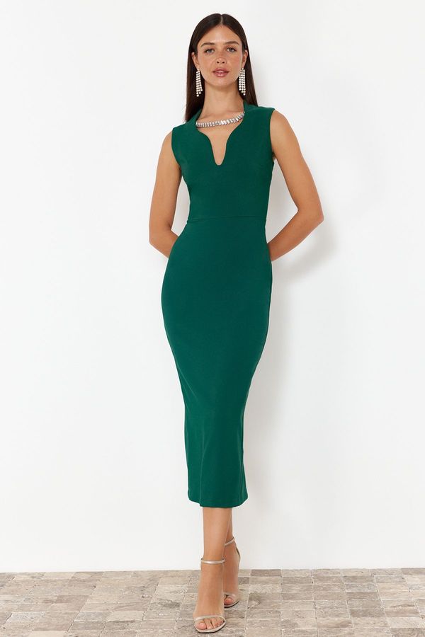 Trendyol Trendyol Emerald Green, Body-Fitting Shiny Stoned Collar Detailed Woven Elegant Evening Dress