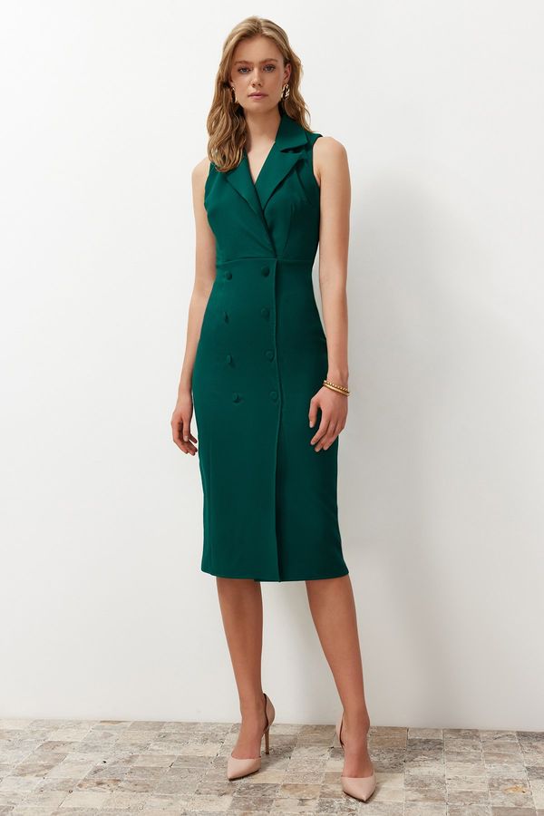 Trendyol Trendyol Emerald Green Bodycon Button Detailed Double Breasted Neck Midi Pencil Skirt Woven Dress
