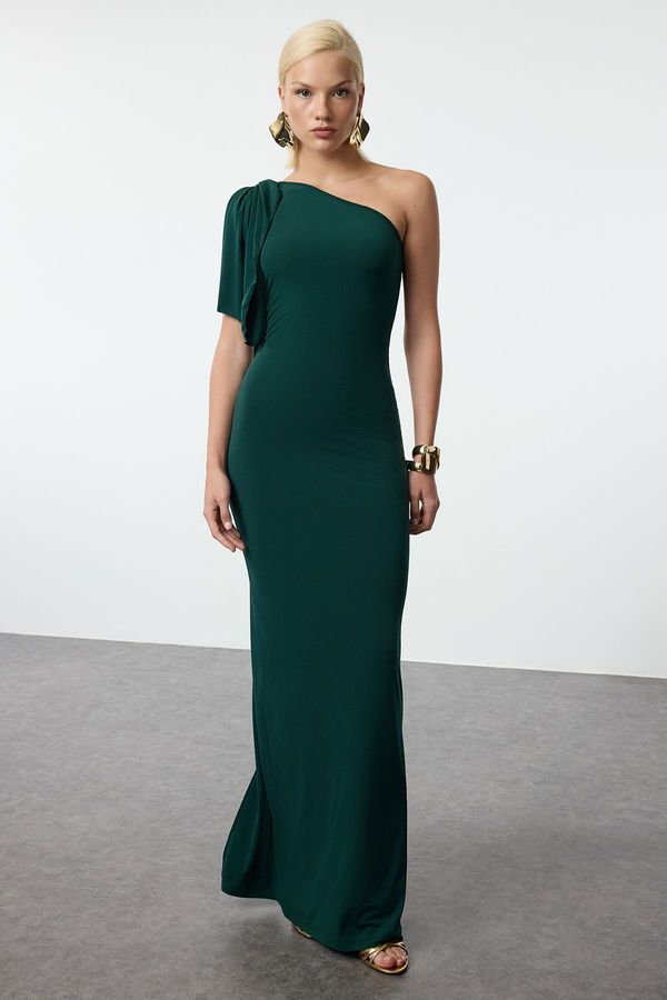 Trendyol Trendyol Emerald Green Bodycon One Shoulder Knitted Long Evening Dress