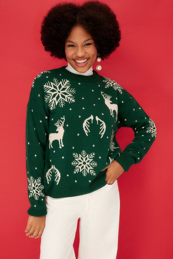 Trendyol Trendyol Emerald Green Christmas Theme Jacquard Knitwear Sweater