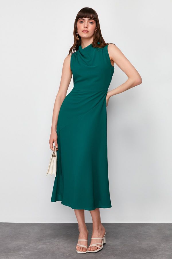 Trendyol Trendyol Emerald Green Degaje Collar Skirt Cut Detail Midi Woven Dress