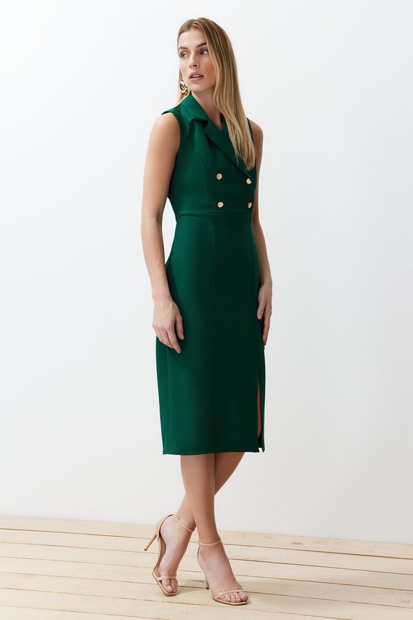 Trendyol Trendyol Emerald Green Fitted Button Detailed Slit Midi Pencil Skirt Woven Dress