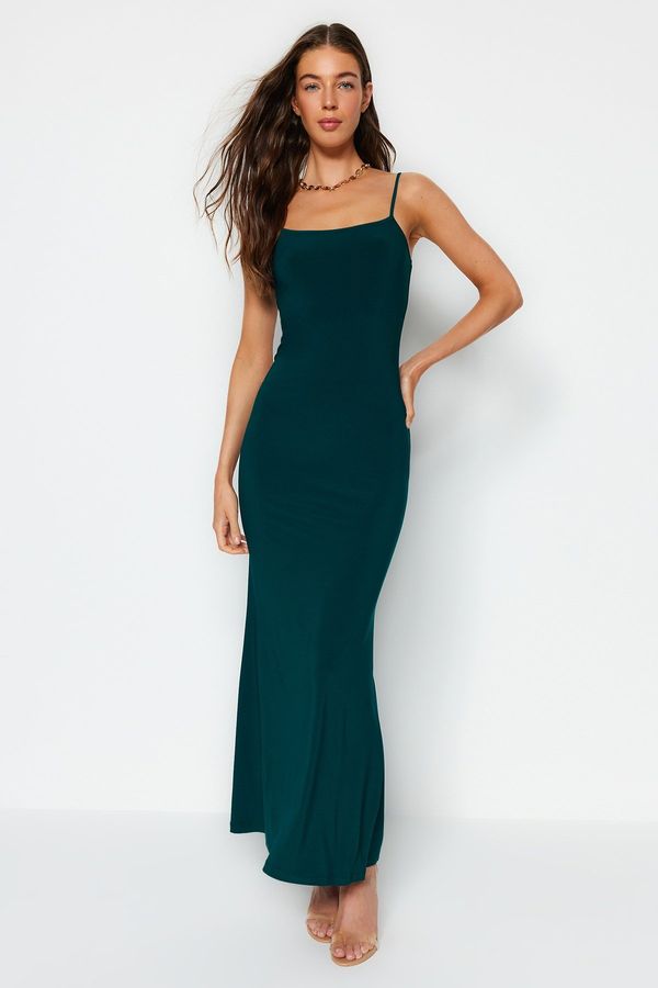 Trendyol Trendyol Emerald Green Fitted Strappy Maxi Stretchy Knitted Dress