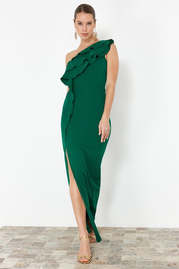 Trendyol Trendyol Emerald Green Flounced One Sleeve Woven Long Evening Dress