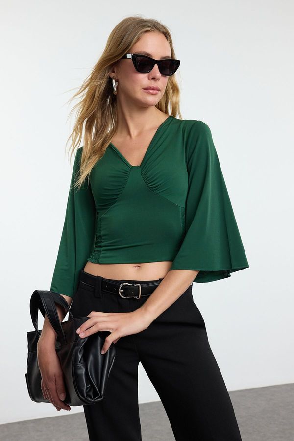 Trendyol Trendyol Emerald Green Gathered/Draped Detailed Three Quarter Sleeve Flexible Knitted Blouse