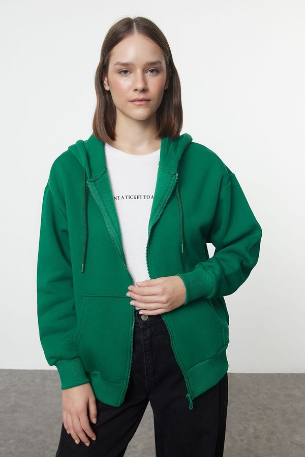 Trendyol Trendyol Emerald Green Hooded Oversize/Wide Fit Zippered Inside Fleece Knitted Sweatshirt