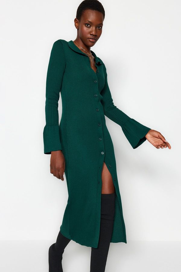 Trendyol Trendyol Emerald Green Maxi Knitwear Sleeve Detailed Polo Neck Dress