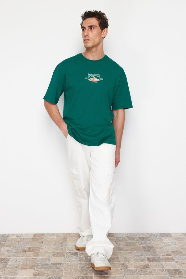 Trendyol Trendyol Emerald Green Men's Oversize/Wide Cut Landscape Embroidered 100% Cotton T-Shirt
