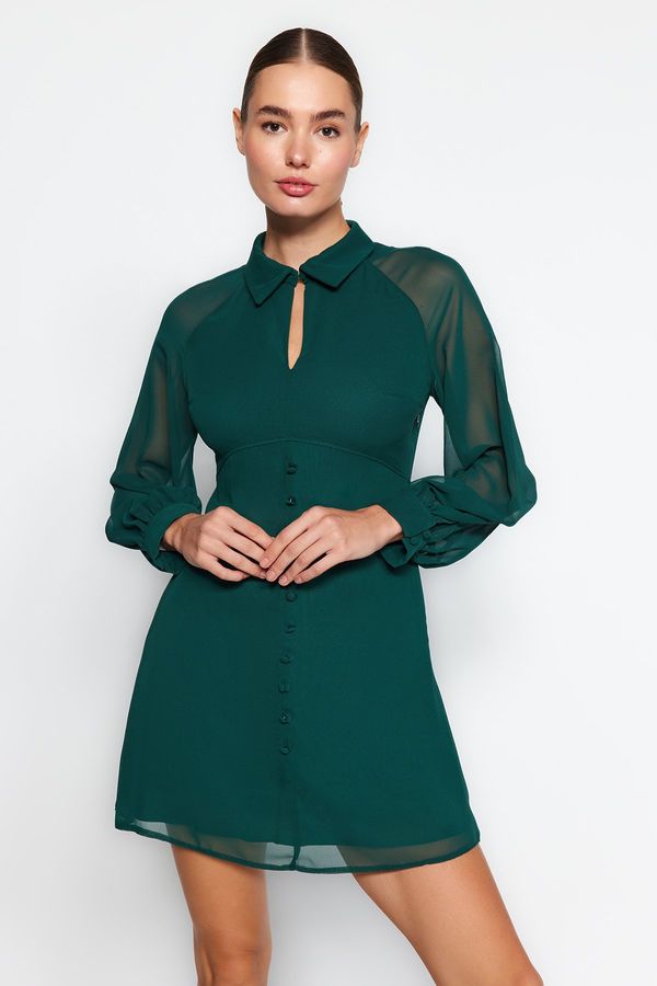 Trendyol Trendyol Emerald Green Mini Open Waist Button Detailed Chiffon Woven Dress