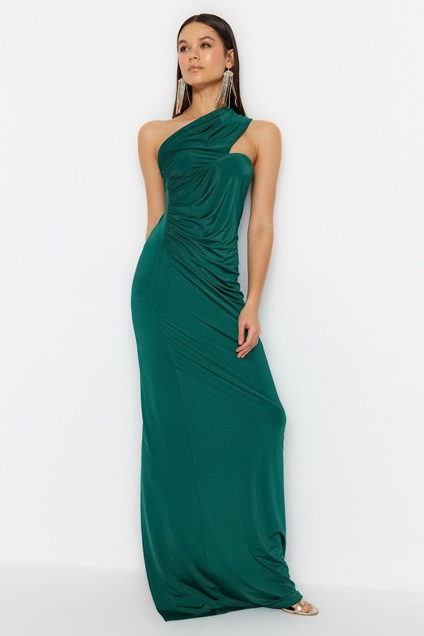 Trendyol Trendyol Emerald Green One-Shoulder Shirring Detailed Evening Dress