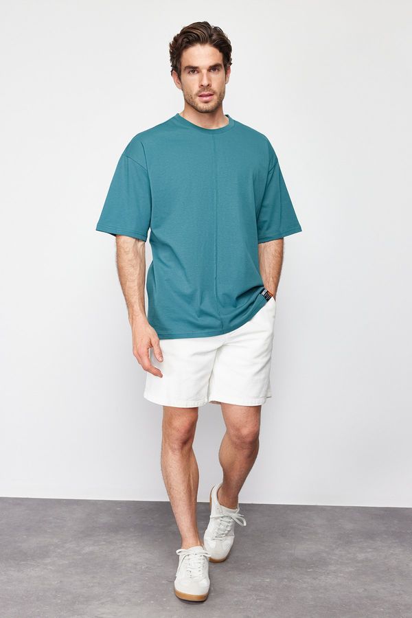 Trendyol Trendyol Emerald Green Oversize Stitch Detail 100% Cotton T-Shirt