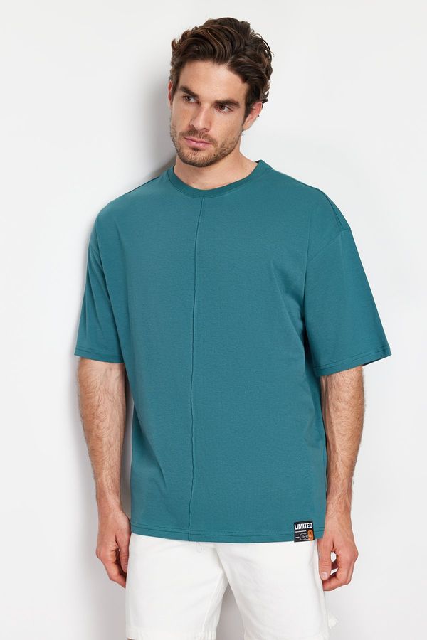 Trendyol Trendyol Emerald Green Oversize Stitch Detail 100% Cotton T-Shirt