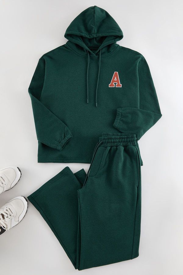 Trendyol Trendyol Emerald Green Oversize/Wide Cut Hooded Letter Embroidered Tracksuit Set