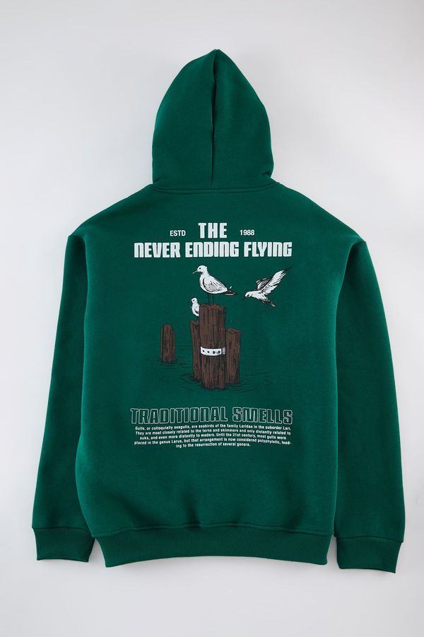 Trendyol Trendyol Emerald Green Oversize/Wide Cut Hooded Printed Fleece Inside Cotton Sweatshirt