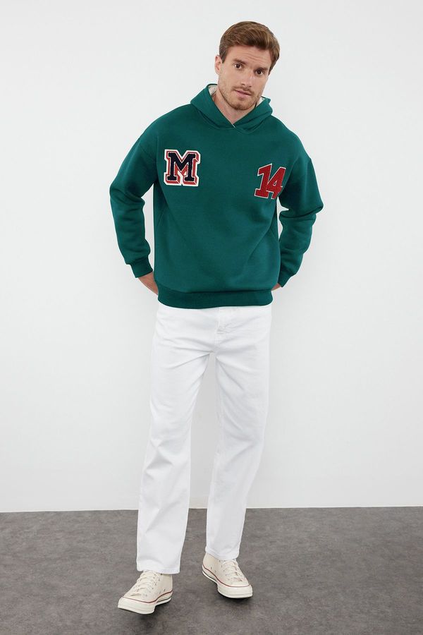 Trendyol Trendyol Emerald Green Oversize/Wide Cut Sweatshirt with Letter Patch and Embroidery Detail