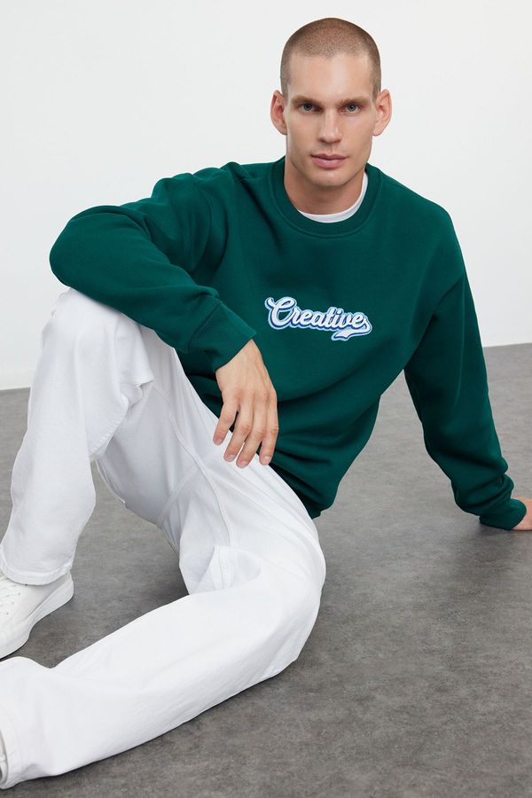 Trendyol Trendyol Emerald Green Oversize/Wide Cut Text Embroidered Inside Polar Fleece Sweatshirt