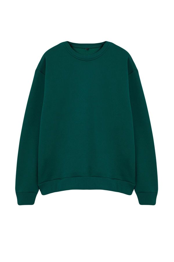 Trendyol Trendyol Emerald Green Oversize/Wide Cut Thick Sweatshirt with Embroidery Detail