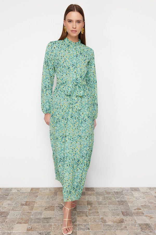 Trendyol Trendyol Emerald Green Patterned Belted Stand Collar Lined Chiffon Woven Dress