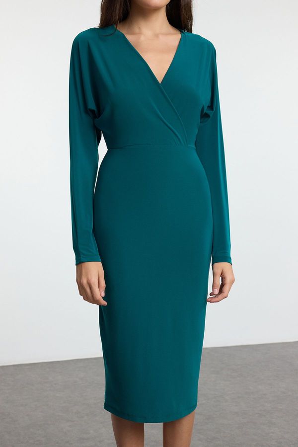 Trendyol Trendyol Emerald Green Plain Midi Batwing Sleeve Detailed Fitted Elastic Midi Knit Dress