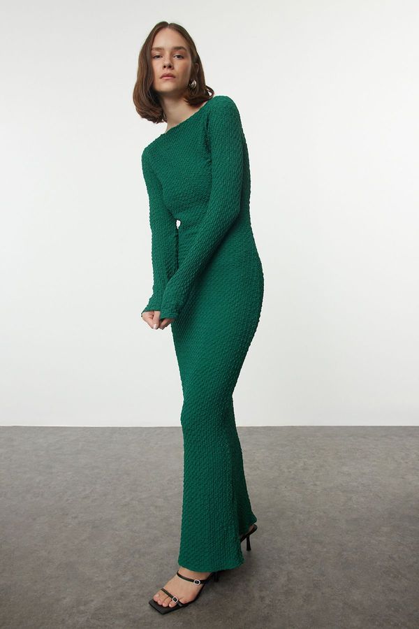 Trendyol Trendyol Emerald Green Plain Textured Fitted Maxi Knitted Dress