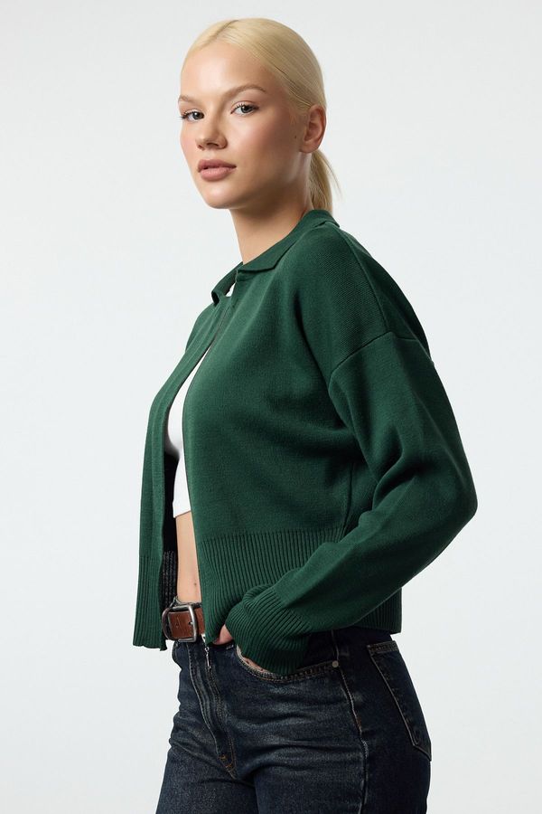 Trendyol Trendyol Emerald Green Polo Collar Zipper Detailed Knitwear Cardigan