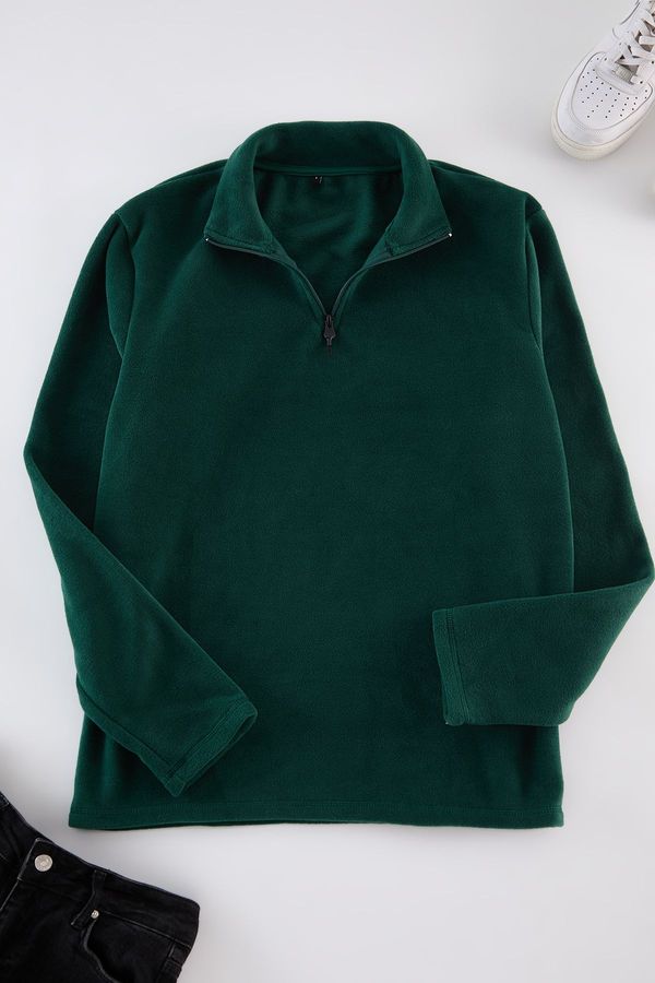 Trendyol Trendyol Emerald Green Regular/Normal Cut Stand Collar Zippered Polar Fleece Warm Sweatshirt