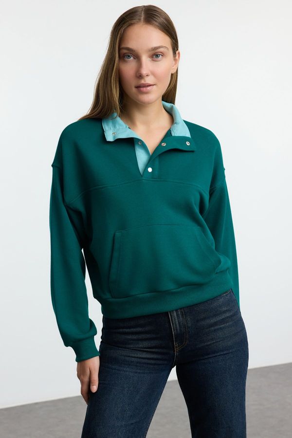 Trendyol Trendyol Emerald Green Regular/Normal Pattern Sewing Detailed Stand-Up Collar Thick Knitted Sweatshirt