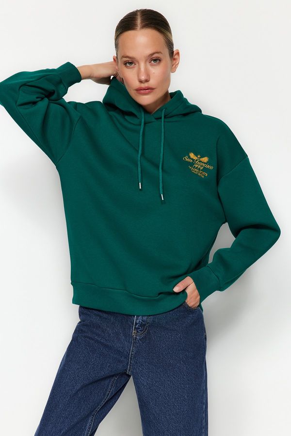 Trendyol Trendyol Emerald Green Regular/Regular Fit Embroidered Hooded Fleece Knitted Sweatshirt