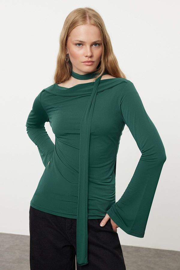 Trendyol Trendyol Emerald Green Shawl Detailed Fitted Stretchy Knitted Blouse