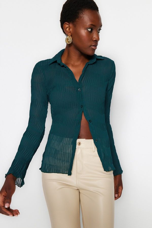 Trendyol Trendyol Emerald Green Sheer Pleated Fitted Woven Shirt