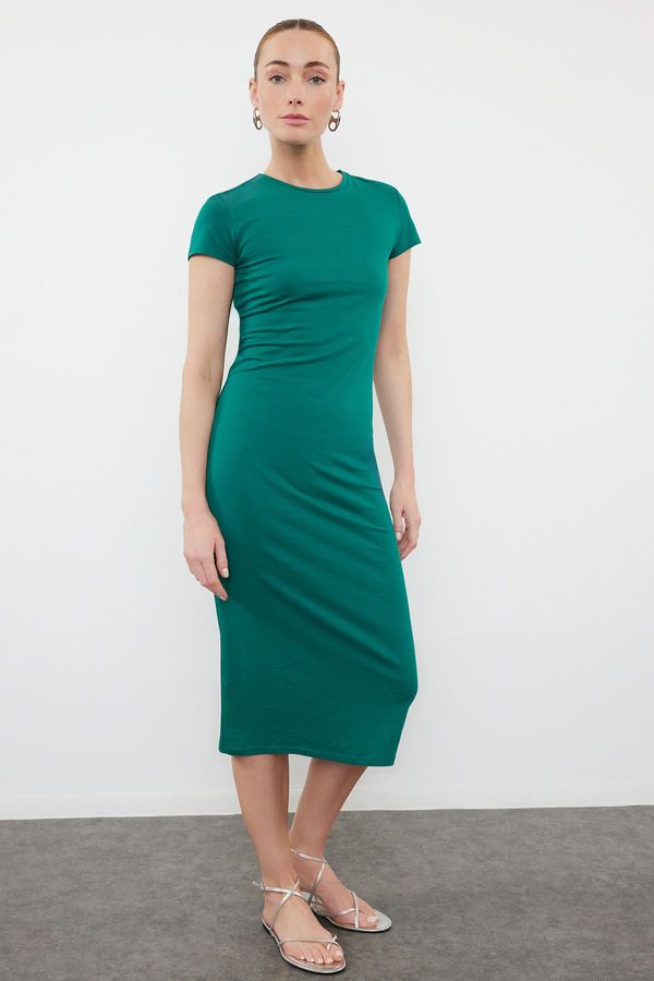 Trendyol Trendyol Emerald Green Short Sleeve Fitted Cotton Stretchy Midi Knitted Dress