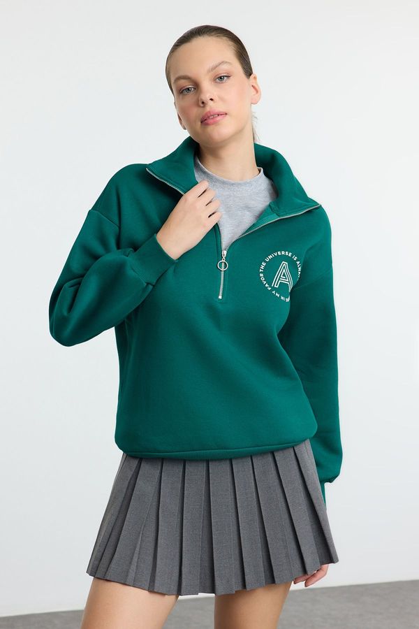 Trendyol Trendyol Emerald Green Slogan Printed Oversize/Wide Fit Thick Inside Fleece Knitted Sweatshirt