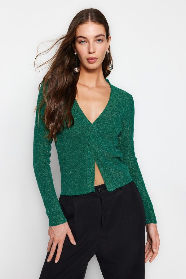 Trendyol Trendyol Emerald Green Soft Textured Glittery Slit Detailed Knitwear Sweater