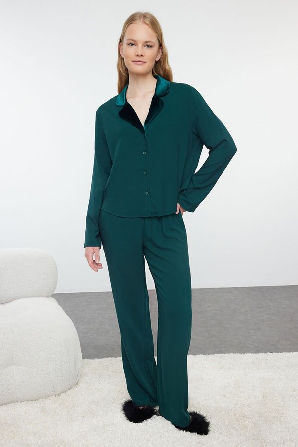 Trendyol Trendyol Emerald Green Solid Shally Woven Pajama Set