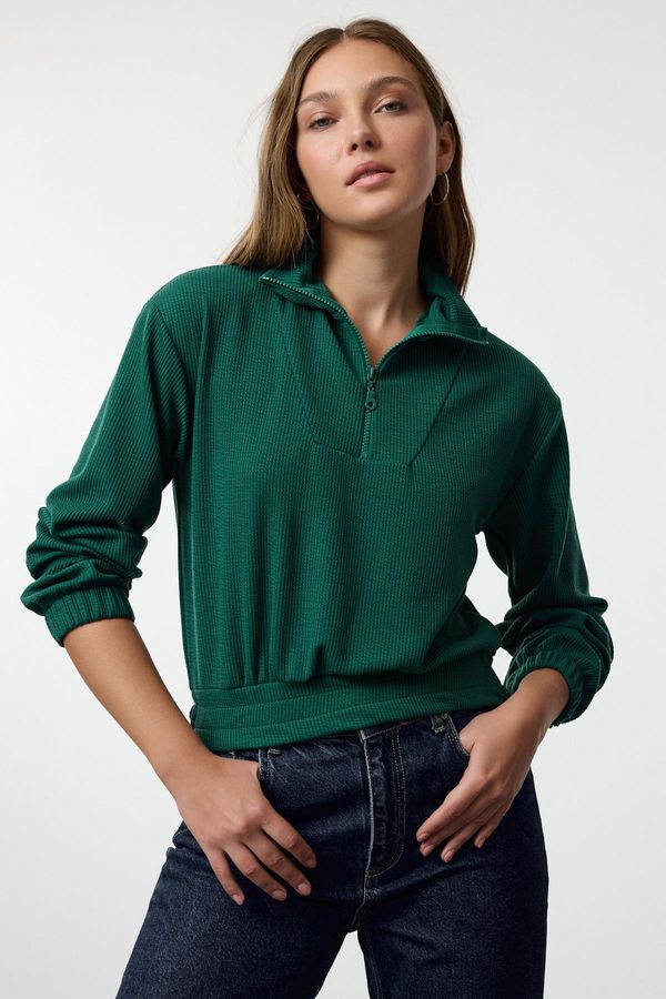 Trendyol Trendyol Emerald Green Stand Collar Zippered Crop Knit Sweatshirt