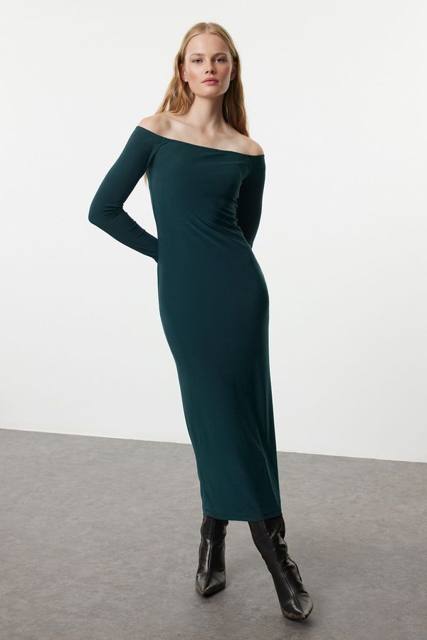 Trendyol Trendyol Emerald Green Straight Carmen Neck Bodycone/Fitting Flexible Maxi Knitted Dress