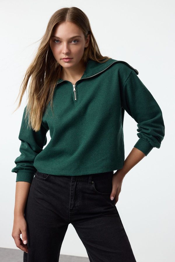 Trendyol Trendyol Emerald Green Thessaloniki/Knitwear Look Polo Neck Zippered Regular Knitted Sweatshirt