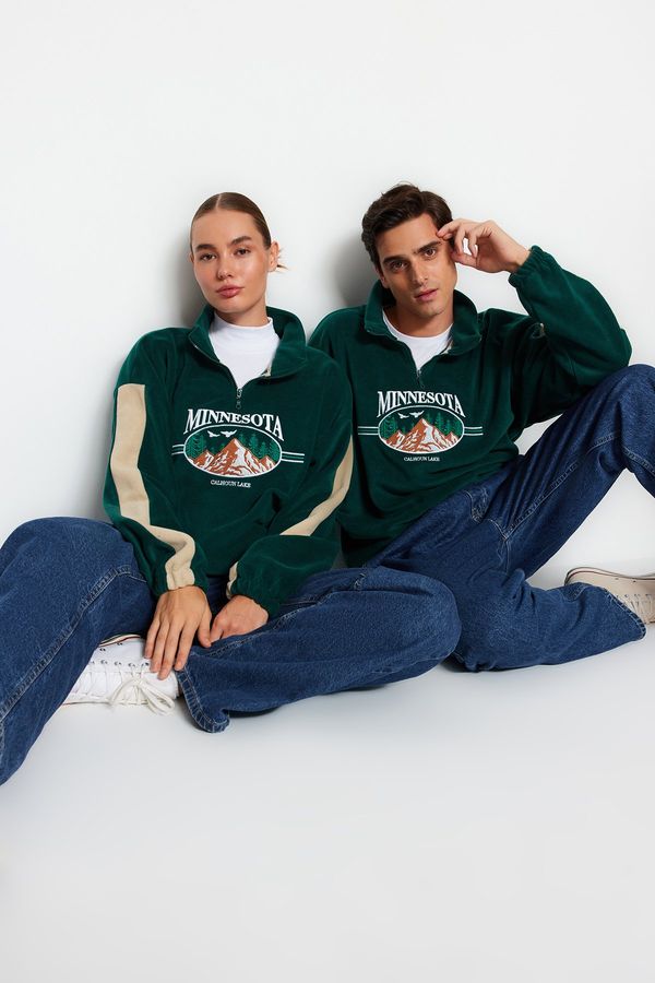 Trendyol Trendyol Emerald Green Unisex Oversize/Wide Cut Zipper Stand Collar Fleece Sweatshirt