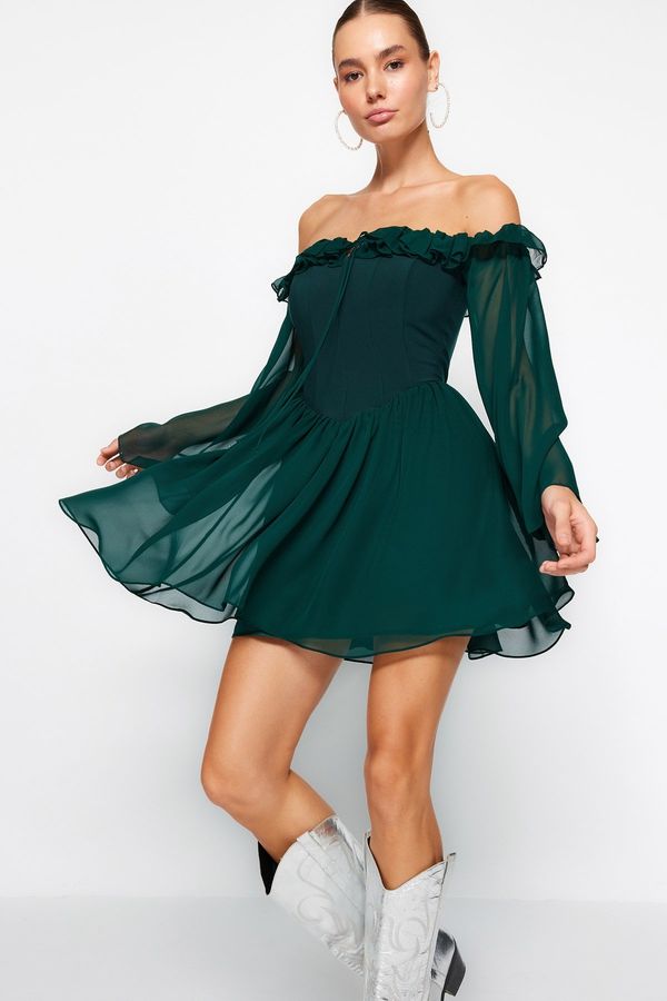 Trendyol Trendyol Emerald Green Waist Opening/Skater Lined Flounce Chiffon Elegant Evening Dress