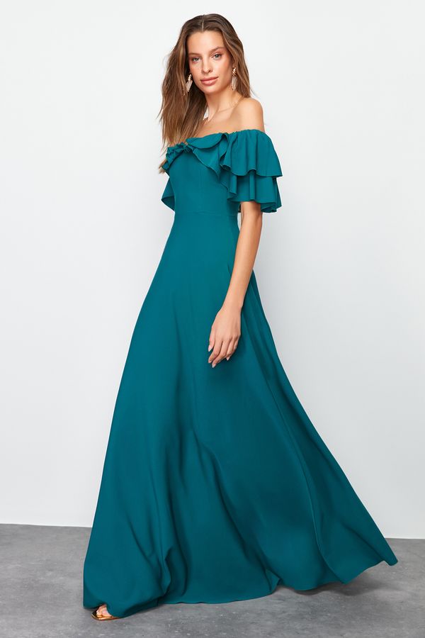 Trendyol Trendyol Emerald Green Waist Opening/Skater Woven Flounced Long Evening Dress