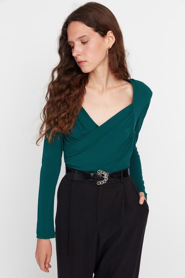 Trendyol Trendyol Emerald Green Waistband Draped Detail Fitted/Situated Elastic Snaps Knitted Bodysuit