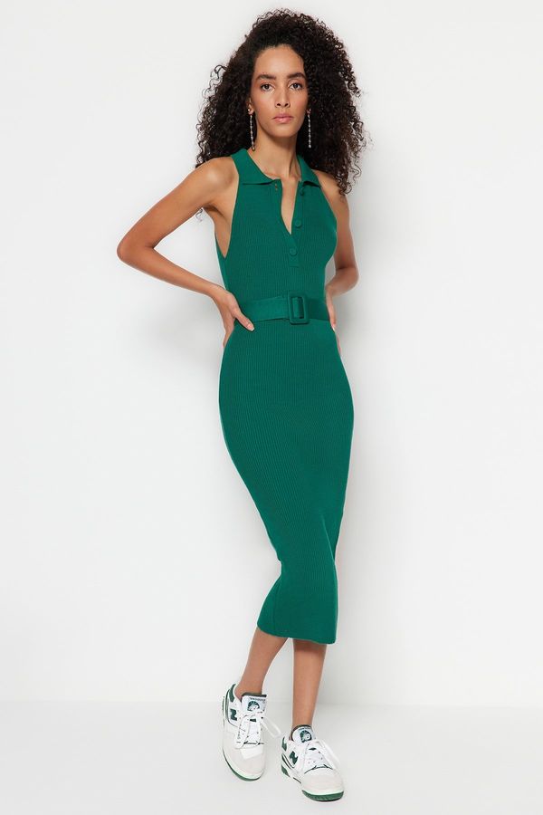 Trendyol Trendyol Emerald Green With a Belt, Midi Knitwear Dress